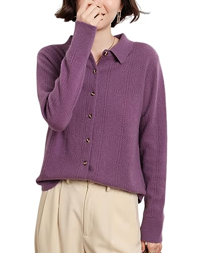 Valin Damen 95% Kaschmir Strickjacke Violett Revers Langarm Cardigan Kaschmir Wolle Knöpfen Relaxed Dünner Strickjacke,44,DF8014 von Valin