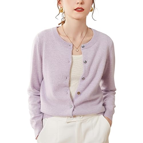 Valin Damen Kaschmir&Wolle Strickjacke Violett Rundhals Langarm Cardigan Einfarbige Relaxed Dünner Kaschmir Strickjacke,38,VSP1201 von Valin