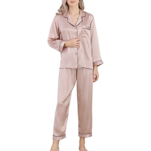 Valin Damen Beige Einfach 100% Seide Pyjama-Set Oberteil und Capri-Hose Schlafanzug Langarm 19 Momme Seidenpyjama,M,T8002 von Valin