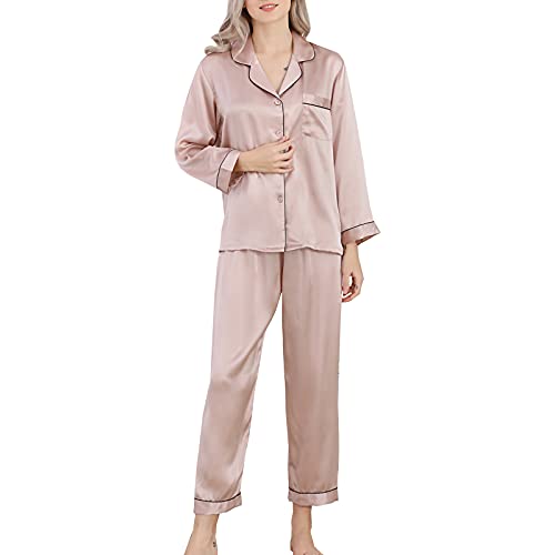 Valin Damen Beige Einfach 100% Seide Pyjama-Set Oberteil und Capri-Hose Schlafanzug Langarm 19 Momme Seidenpyjama,XL,T8002 von Valin
