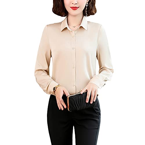 Valin Damen Beige Hemdbluse Seide Solide Button Down Hemden Damenbluse Langarm Revers Seidenbluse,L,S1903 von Valin