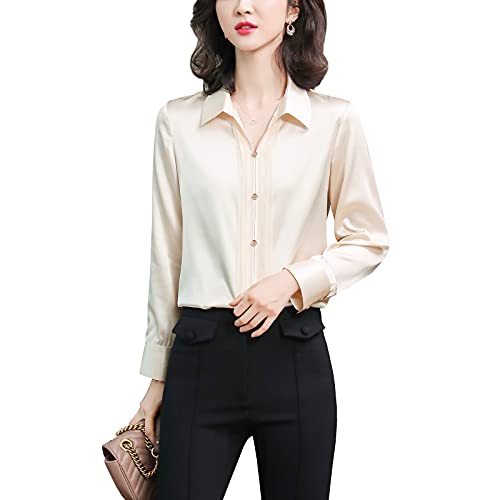 Valin Damen Beige Hemdbluse Seide Solide Jumper Hemden Damenbluse Langarm V-Ausschnitt Seidenbluse,M,S6628 von Valin