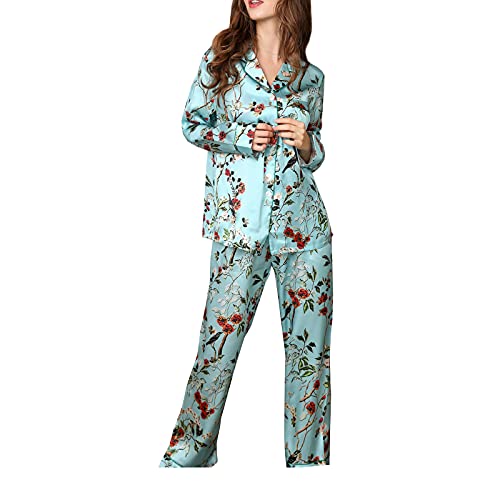 Valin Damen Blau Blumen 100% Seide Pyjama-Set Oberteil und Capri-Hose Schlafanzug Langarm 19 Momme Seidenpyjama,M,T8166 von Valin