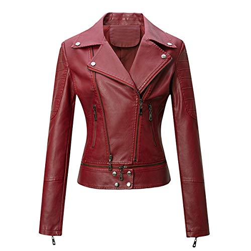 Valin Damen Burgund Kunstleder Motorrad Jacke Lederjacke Schlank Reißverschluss Revers Kurz Mantel,P8820,XS von Valin