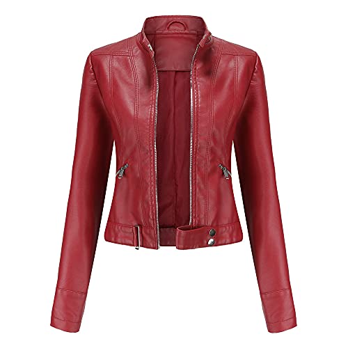 Valin Damen Burgund Lederjacke Schlank Kurz Kunstleder Stehkragen Jacket Reißverschluss Motorrad Jacke für Frühling und Herbst,S,C02N von Valin