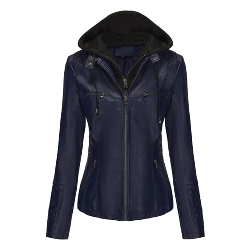 Valin Damen Dunkelblau Lederjacke Schlank Kurz Kunstleder Kapuze Jacket Reißverschluss Motorrad Jacke für Frühling und Herbst,3XL,C6699N von Valin