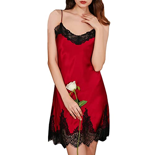 Valin Damen Dunkelrot Spitze 100% Seide Spaghettiträger Negligee Nachthemd Nachtwäsche Ohne Arm 19 Momme Seidenpyjama,L,D3658 von Valin