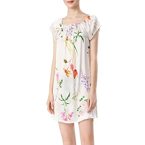 Valin Damen Elfenbein-2 Blumen 100% Seide Pyjama Kleid Nachtwäsche Nachthemd Nachthemd Kurzarm 19 Momme Seidenpyjama,M,S5688 von Valin