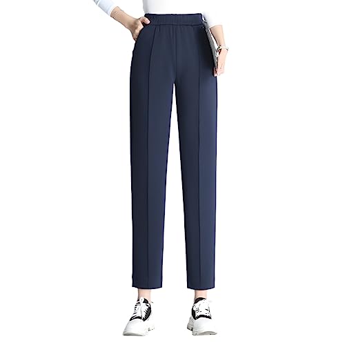 Valin Damen Gerade Geschnittene Hose Dunkelblau Hohe Taille großen Größen Hose Frühling und Herbst Elastischem Bund Business Hose Einfarbig Freizeithose,EU 48,V836 von Valin