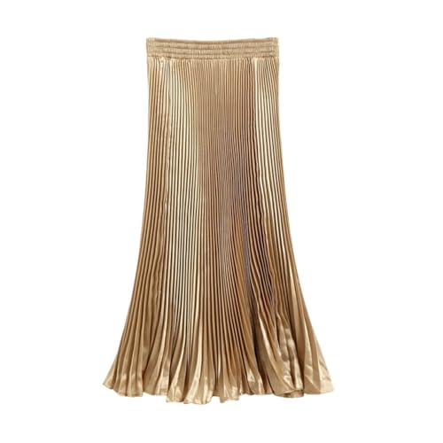 Valin Damen Gold Plisseerock Glänzender Fischschwanzrock Hoher Taillen Midirock,Einheitsgröße,BSK8035 von Valin