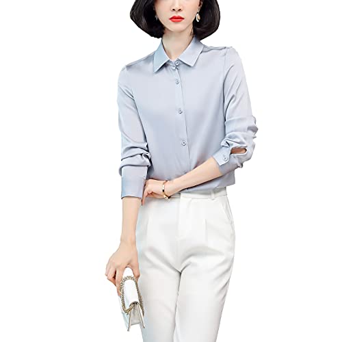 Valin Damen Grau Hemdbluse Seide Solide Button Down Hemden Damenbluse Langarm Revers Seidenbluse,XL,S3367 von Valin