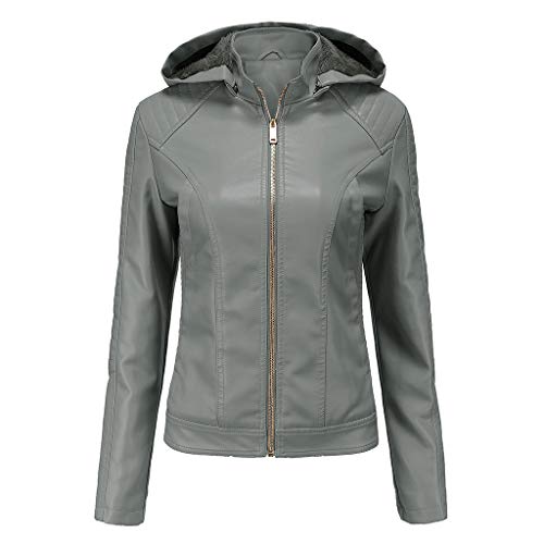 Valin Damen Grau Kunstleder Freizeitjacke Lederjacke Schlank Reißverschluss mit Kapuze Kurz Mantel,44,P6677 von Valin
