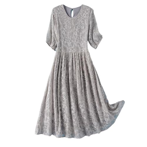 Valin Damen Grau Seidenkleid Besticktes Rundhals Kurzarm 100% Seide Kleid Luftiges Hoch Taillierte Falten Knielanges Mulberry Seidenkleid,EU 38,D2309 von Valin
