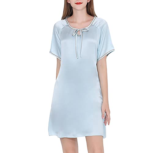 Valin Damen Hellblau Einfach 100% Seide Pyjama Kleid Nachtwäsche Nachthemd Nachthemd Kurzarm 19 Momme Seidenpyjama,XL,S5684 von Valin