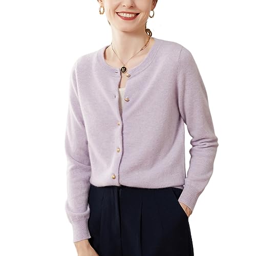 Valin Damen 95% Kaschmir Strickjacke Violett Rundhals Langarm Cardigan Kaschmir Wolle Einfarbige Schlanker Dünner Strickjacke,34,SPR2249 von Valin