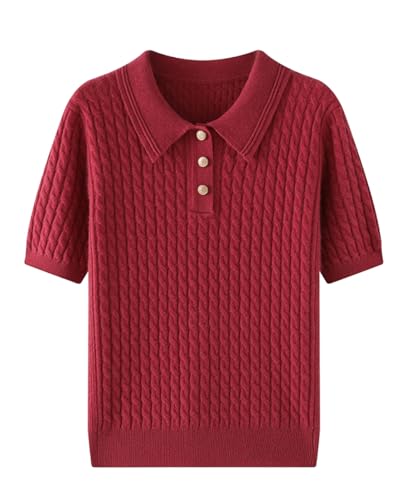 Valin Damen Kaschmir&Wolle Pullover Rot Revers Kurzarm Strickpullover Damen Zopfmuster Schlanker Dicker Kaschmir Pullover,EU 40,VM2408 von Valin