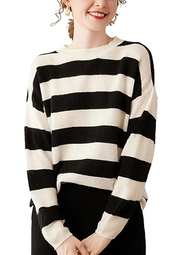 Valin Damen Kaschmir&Wolle Pullover Schwarz&Weiß Rundhals Langarm Strickpullover Gestreifter Relaxed Dünner Kaschmir Pullover,Einheitsgröße,VD8037 von Valin