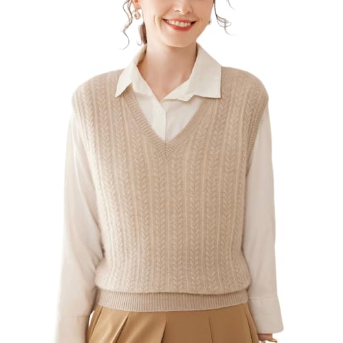 Valin Damen Kaschmir&Wolle Pullunder Kamel V-Ausschnitt Ohne Arm Strickpullover Damen Zopfmuster Relaxed Dicker Kaschmir Pullover,EU 40,VS515 von Valin