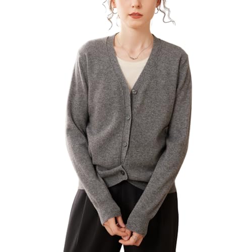 Valin Damen Kaschmir&Wolle Strickjacke Dunkelgrau V-Ausschnitt Langarm Strickpullover Damen Knöpfen Relaxed Dünner Kaschmir Pullover,EU 46,VSP2444 von Valin