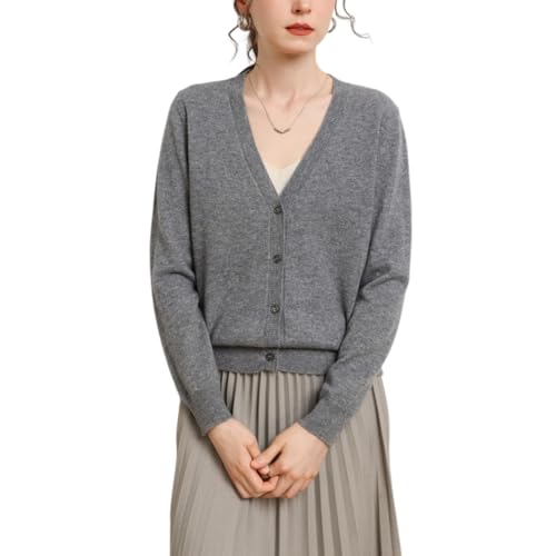 Valin Damen Kaschmir&Wolle Strickjacke Grau V-Ausschnitt Langarm Strickpullover Damen Knöpfen Relaxed Dünner Kaschmir Pullover,EU 38,VM2435 von Valin