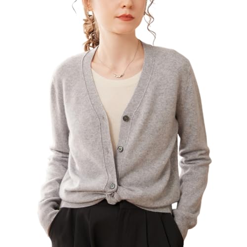Valin Damen Kaschmir&Wolle Strickjacke Hellgrau V-Ausschnitt Langarm Strickpullover Damen Knöpfen Relaxed Dünner Kaschmir Pullover,EU 44,VSP2444 von Valin