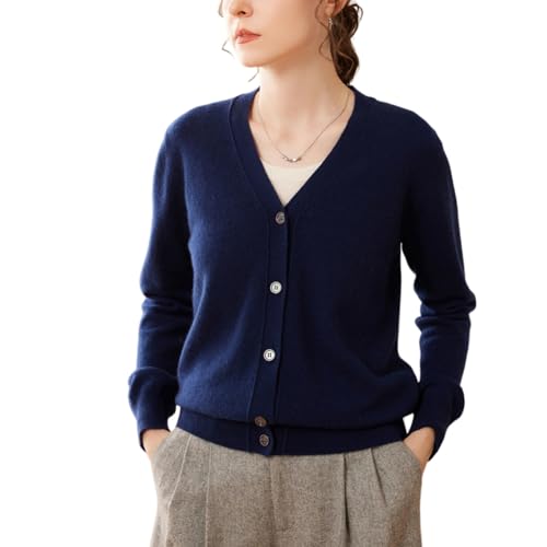 Valin Damen Kaschmir&Wolle Strickjacke Marineblau V-Ausschnitt Langarm Strickpullover Damen Knöpfen Relaxed Dünner Kaschmir Pullover,EU 42,VSP2444 von Valin
