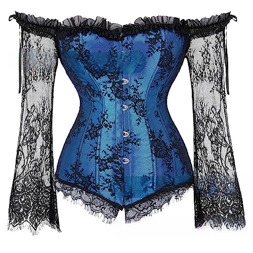 Valin Damen Push-up Vollbrust Korsett Korsage Schnüren Kunststoff entbeint Blau Spitze Shapewear Corsage,Größe 44-46,V8125 von Valin