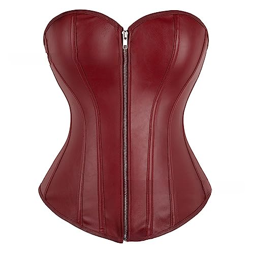 Valin Damen Push-up Vollbrust Korsett Korsage Schnüren Kunststoff entbeint Burgundisch Kunstleder Shapewear Corsage,Größe 34-36,V2803 von Valin