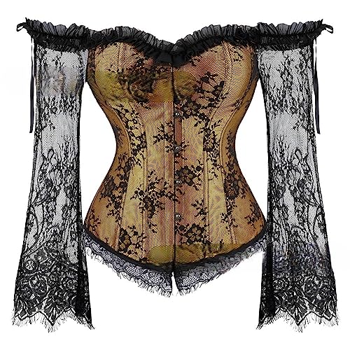 Valin Damen Push-up Vollbrust Korsett Korsage Schnüren Kunststoff entbeint Gold Spitze Shapewear Corsage,Größe 38-40,V8125 von Valin