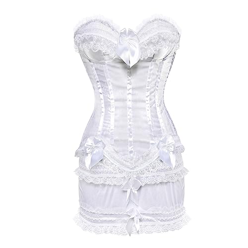 Valin Damen Push-up Vollbrust Korsett Korsage Schnüren Kunststoff entbeint Weiß Spitze Shapewear Corsage,Größe 40-42,V068 von Valin
