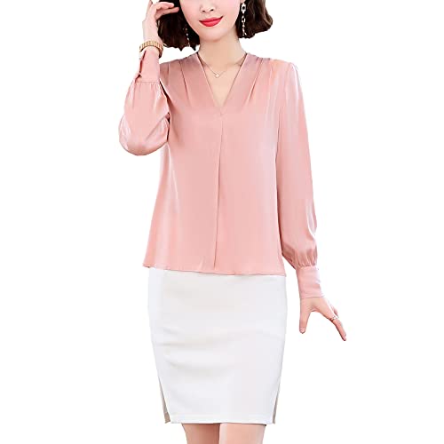 Valin Damen Rosa Hemdbluse Seide Solide Jumper Hemden Damenbluse Langarm V-Ausschnitt Seidenbluse,XXL,S1901 von Valin