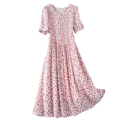 Valin Damen Rosa Seidenkleid Bedrucktes Rundhals Kurzarm 100% Seide Kleid Luftiges Hoch Taillierte Falten Knielanges Mulberry Seidenkleid,EU 46,D2313 von Valin