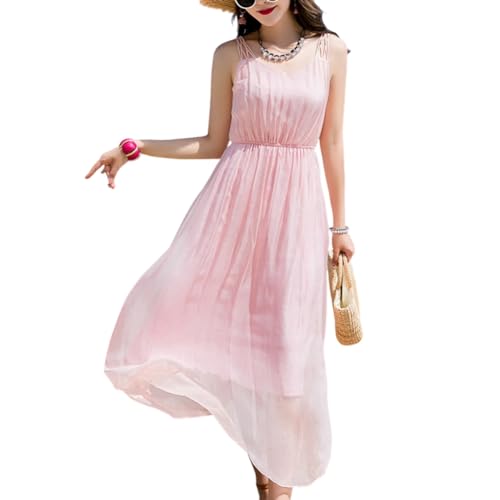 Valin Damen Rosa Seidenkleid Einfarbiges Schulterfreies Ohne Arm 100% Seide Kleid Luftiges Elastische Taillen unregelmäßiges Langes Mulberry Seidenkleid,EU 42,D8033 von Valin