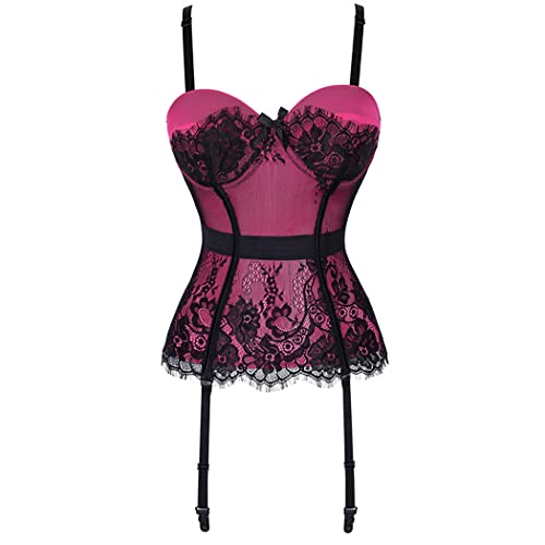 Valin Damen Rosa Spitze Korsage Korsett Shapewear Push-Up Vollbrust Korsett Mit Bügel Haken Corsage,40-42,C772 von Valin