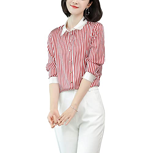 Valin Damen Rot Hemdbluse Seide Gestreifte Button Down Hemden Damenbluse Langarm Revers Seidenbluse,L,S9093 von Valin