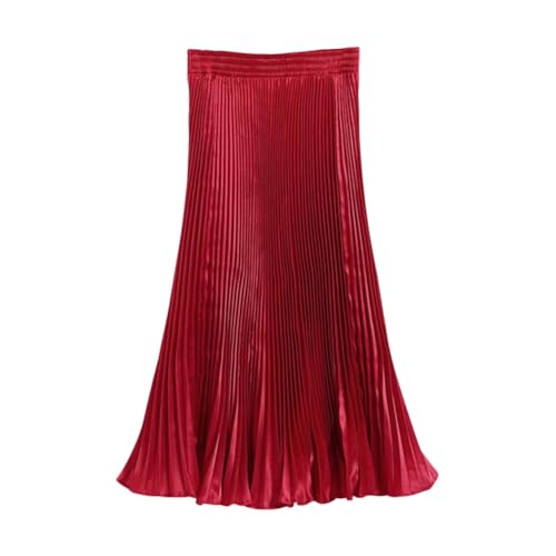 Valin Damen Rot Plisseerock Glänzender Fischschwanzrock Hoher Taillen Midirock,Einheitsgröße,BSK8035 von Valin