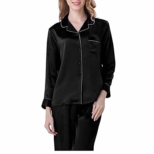 Valin Damen Schwarz Einfach 100% Seide Pyjama-Set Oberteil und Capri-Hose Schlafanzug Langarm 19 Momme Seidenpyjama,L,T8002 von Valin