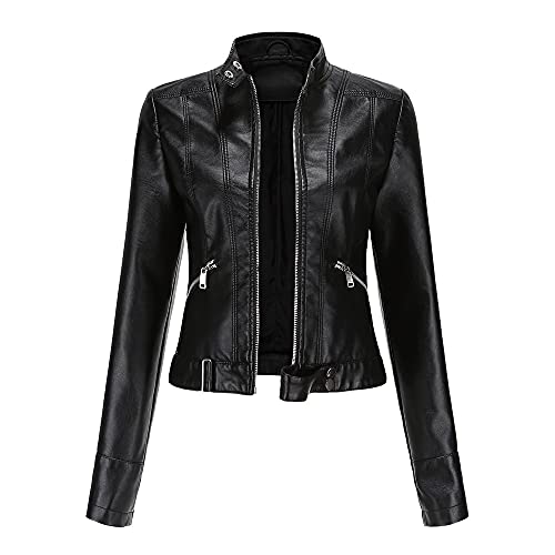 Valin Damen Schwarz Lederjacke Schlank Kurz Kunstleder Stehkragen Jacket Reißverschluss Motorrad Jacke für Frühling und Herbst,XXL,C02N von Valin