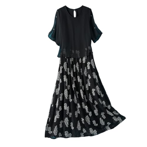 Valin Damen Schwarz Seidenkleid Bedrucktes Rundhals Kurzarm 100% Seide Kleid Luftiges Hoch Taillierte Falten Knielanges Mulberry Seidenkleid,EU 38,D2330 von Valin