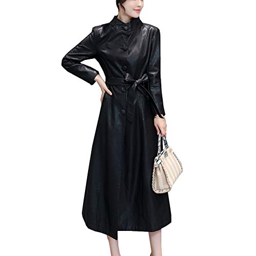 Valin Damen Schwarz Taillierte Lang Kunstleder Trench Lederjacke Ledermantel,P6701,L von Valin