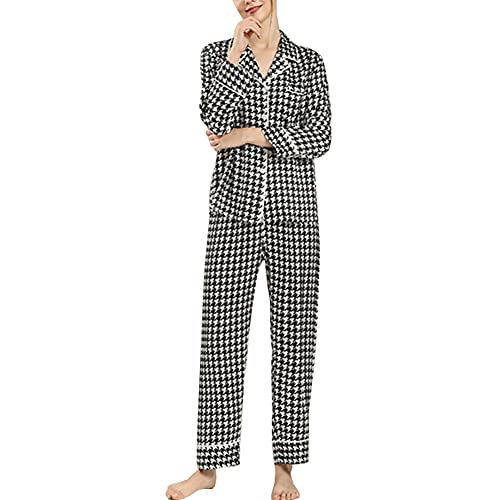 Valin Damen Schwarz&Weiß Hahnentritt 100% Seide Pyjama-Set Oberteil und Capri-Hose Schlafanzug Langarm 19 Momme Seidenpyjama,XL,T8271 von Valin