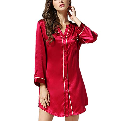 Valin Damen Seide Nachtwäsche Nachthemd 100% Seide Bademantel Blusenstil Seidenkleid Kurzarm S3632,Rot,XL von Valin