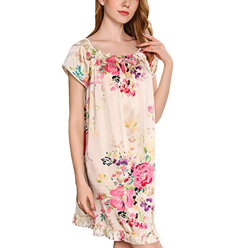 Valin Damen Seide Nachtwäsche Nachthemd 100% Seide Bademantel mit Blumendruck Seidenkleid Kurzarm S2509,Beige,XL von Valin