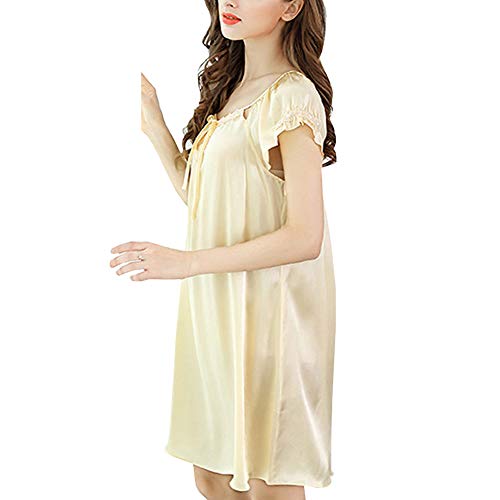 Valin Damen Seide Nachtwäsche Nachthemd 100% Seide Bademantel mit Spitze Seidenkleid Kurzarm S2504,Gelb,XL von Valin