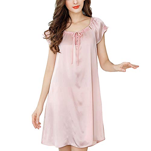 Valin Damen Seide Nachtwäsche Nachthemd 100% Seide Bademantel mit Spitze Seidenkleid Kurzarm S2504,Rosa,XL von Valin