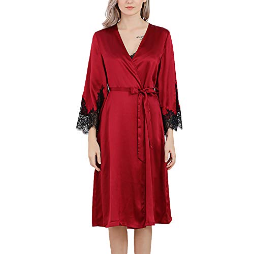 Valin Damen Seide Nachtwäsche Nachthemd 100% Seide Spitze Seidenkleid Langarm S5647,Rot,M von Valin