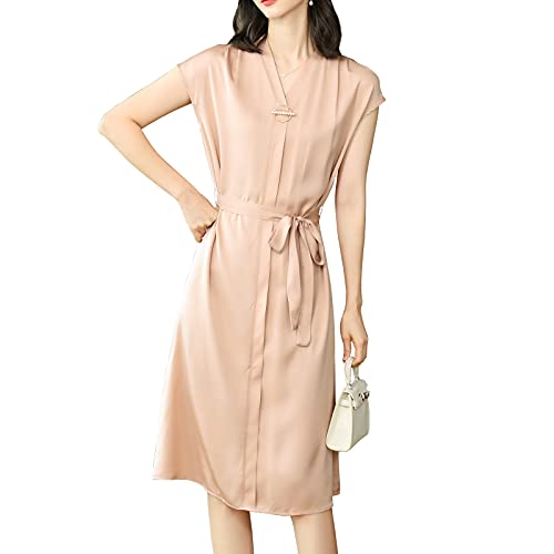 Valin Damen Seidenkleid Kordelzug A-Linie Kleid Einfarbig SeidenKleider V-Ausschnitt Kurzarm Knielänge Seiden Kleid,Beige,3XL,D2250 von Valin