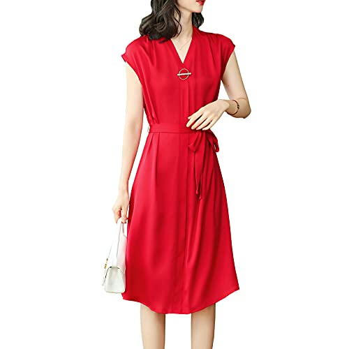 Valin Damen Seidenkleid Kordelzug A-Linie Kleid Einfarbig SeidenKleider V-Ausschnitt Kurzarm Knielänge Seiden Kleid,Rot,XL,D2250 von Valin
