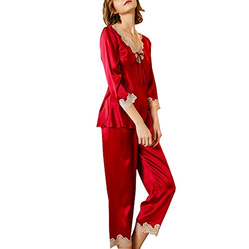 Valin Damen Seidenpyjama Seiden Schlafanzug Nachtanzug mit Spitze 100% Seide Nachtwäsche Langarm T8228,Rot,L von Valin