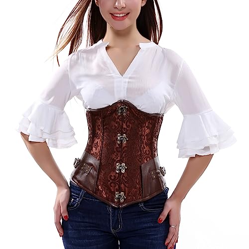 Valin Damen Unterbrust Korsett Korsage Schnüren Stahl entbeint Braun Jacquard Shapewear Corsage,Größe 42-44,V2918 von Valin